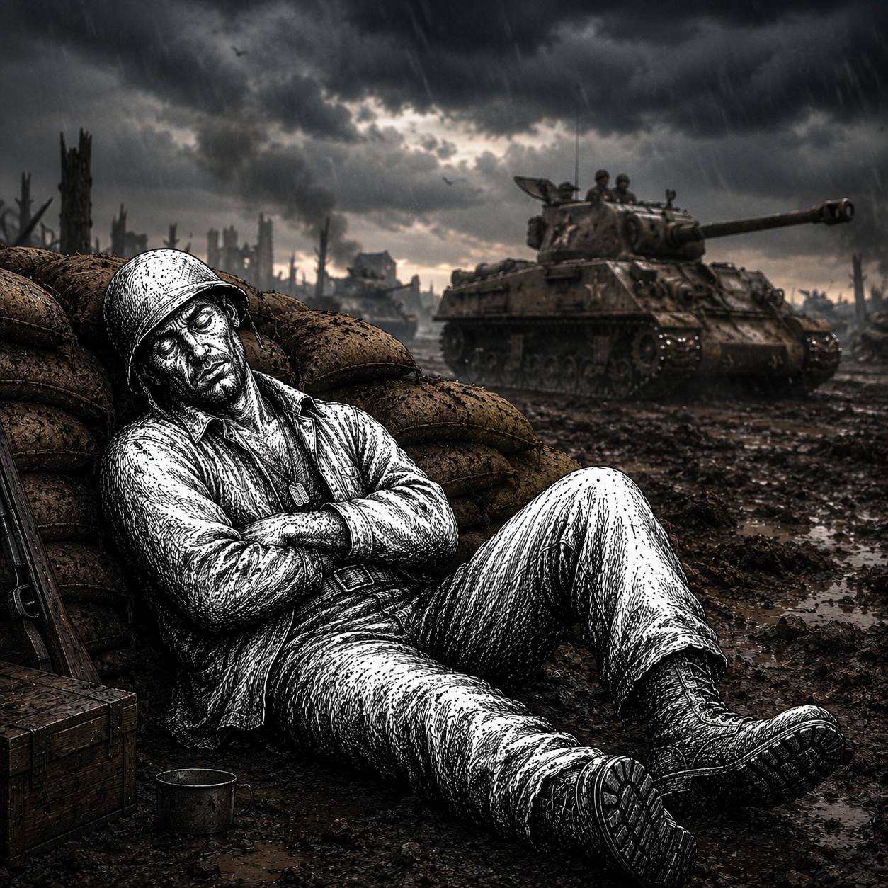Trenchcoin soldier resting near sandbags with a tank in the background